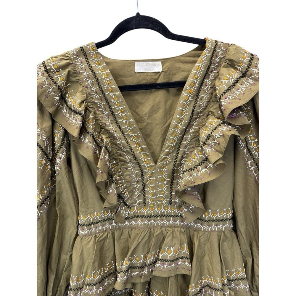 Ulla Johnson Olive Anais Embroidered Ruffle Mini Dress Size 6 Cotton Boho Chic - Picture 7 of 16
